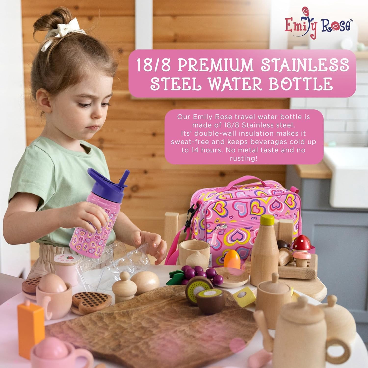 Emily Rose Playful Hearts Girls Lunch Box and Water Bottle Set