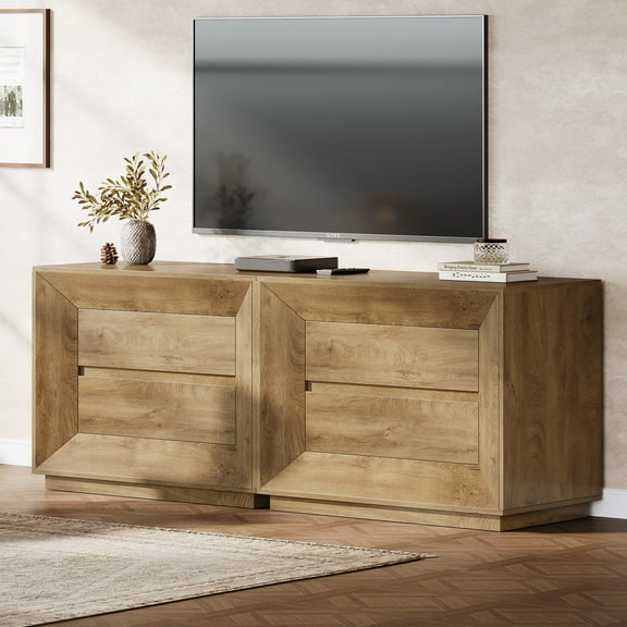 Finmind 35.43" Wide Nightstand, Large Night Stand with Drawers, Farmhouse Oversized Nightstand Bedside Table, Sofa Side End Table for Bedroom, Living Room, Oak 2 PCS