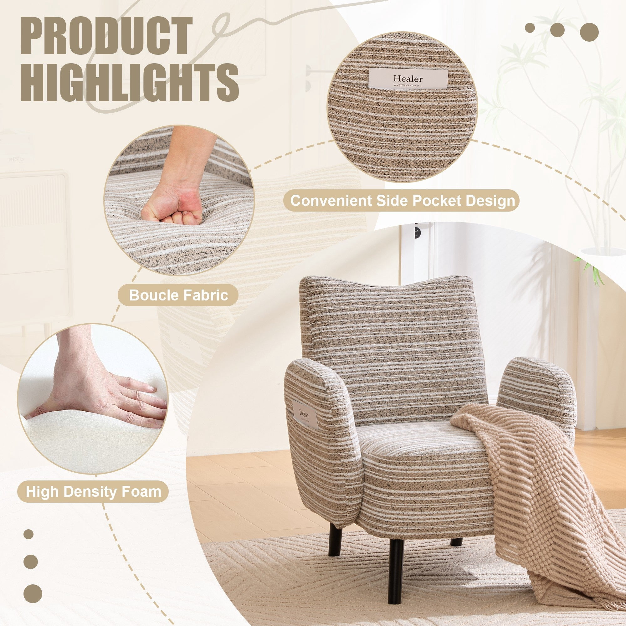 Sailvan Modern Armchair,Sanded Fabric Reading Chair with Side Storage Pocket & Solid Wood Legs for Living Room,Bedroom & Office khaki