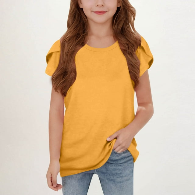 WMTBSRSW Offres Prime Day Filles Mode Floral Manches Courtes T-Shirts d'Été Unis Basiques Décontractés Col Rond 5-14 Ans