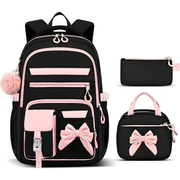 Soda Candy Grils Backpack Set for School with Lunch Bag Pencil Case 3Pcs Cute Kids Teens Bookbag for Kindergarten Elementary Preschool Middle School, Black Pink