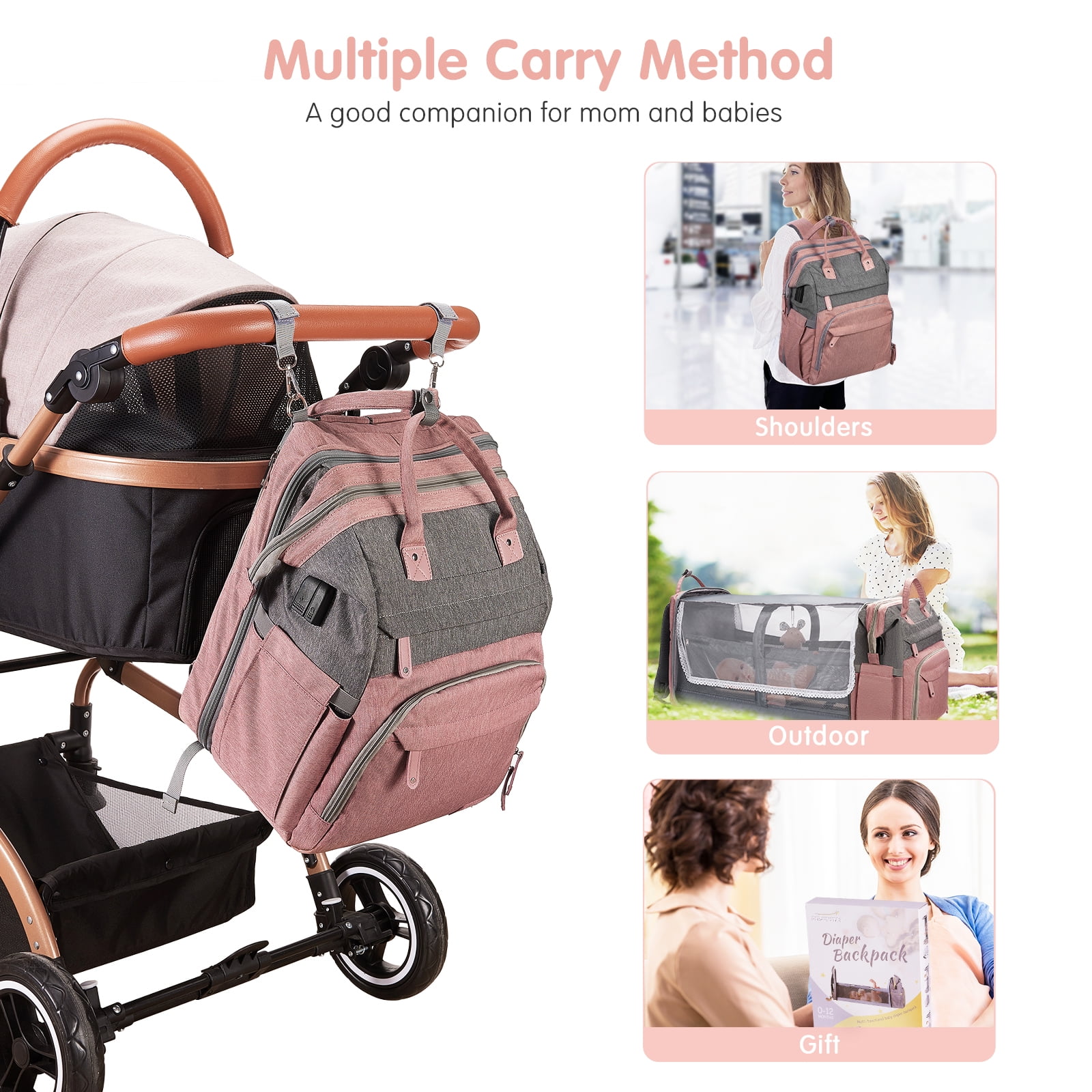 DERSTUEWE Baby Diaper Bag Backpack with Changing Station, Multifunctional Waterproof Portable Baby Bag for Travel, Pink