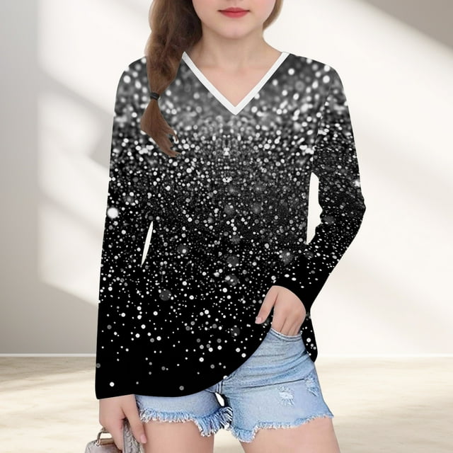 YUNAFFT Girls V-Neck Top Long Sleeve Star Gradient Print Pullover Trendy Celestial Design