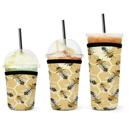 

Set of 3 Packs Reusable Hot And Iced Coffee Cup Sleeve Neoprene Tumbler Sleeve Honey Bee Bee Honeycomb Pattern(16 24 32oz)