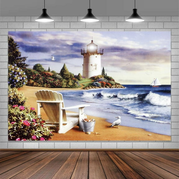 Ocean Beach Photography Background,7X5Ft Nautical Lighthouse Backdrop Party Art Event Decoration