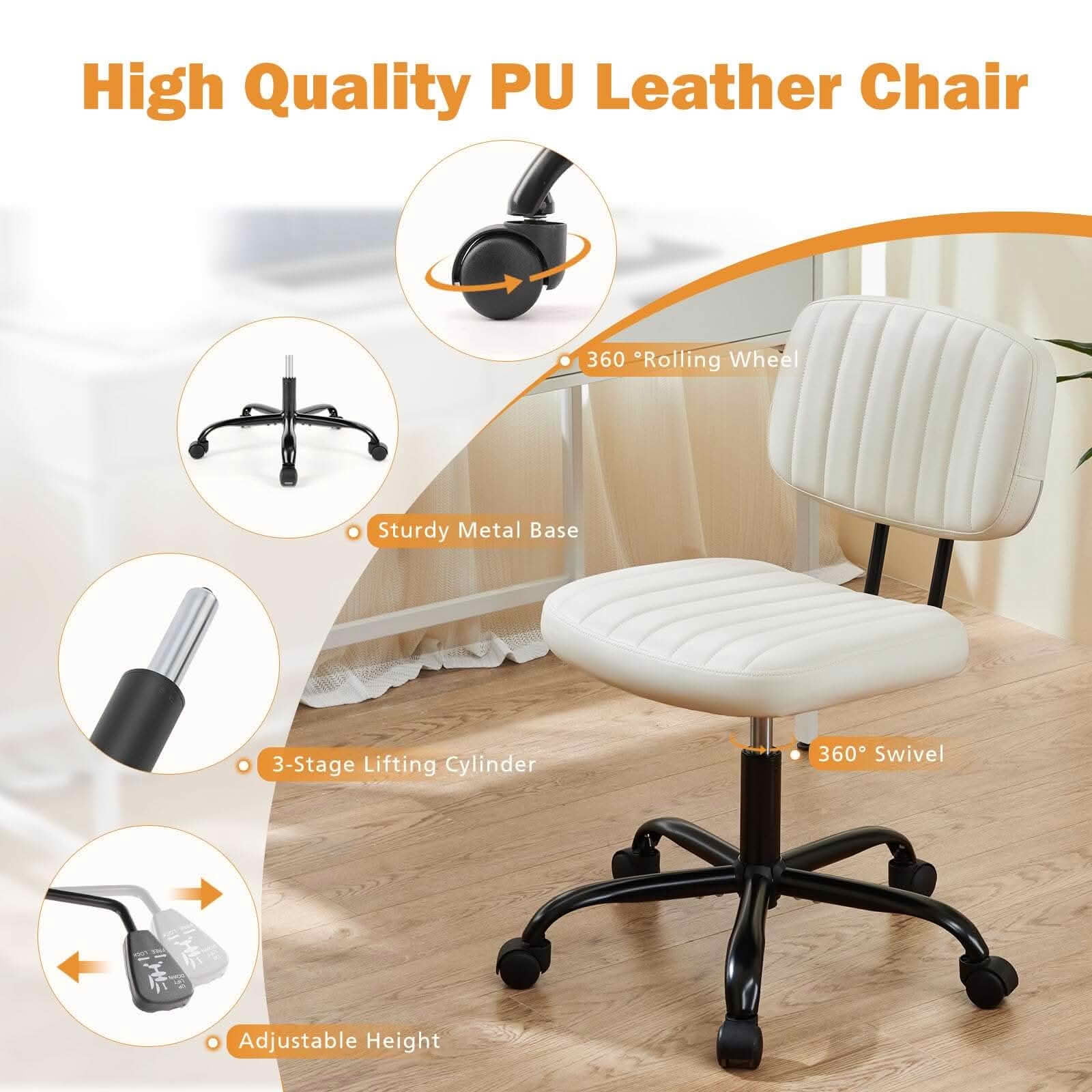 MAYEERTY 360° Swivel Armless Desk Chair, Height Adjustable PU Leather Rolling Computer Task Chair for Bedroom Nail Salon Vanity Room