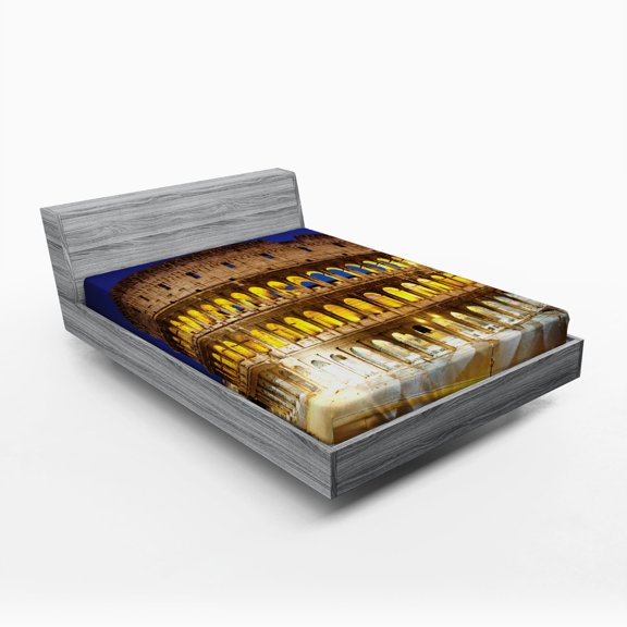 Ambesonne European Fitted Sheet, Historical Colosseum, Full Size, Royal Blue Yellow Brown