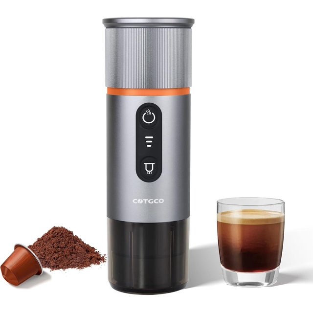 COTGCO Portable Espresso Maker for Travel: Portable Coffee Maker - Self Heating - Make 8 Cups Espresso One Charge - Coffee Anytime -Compatible for Nespresso Capsule - Gray