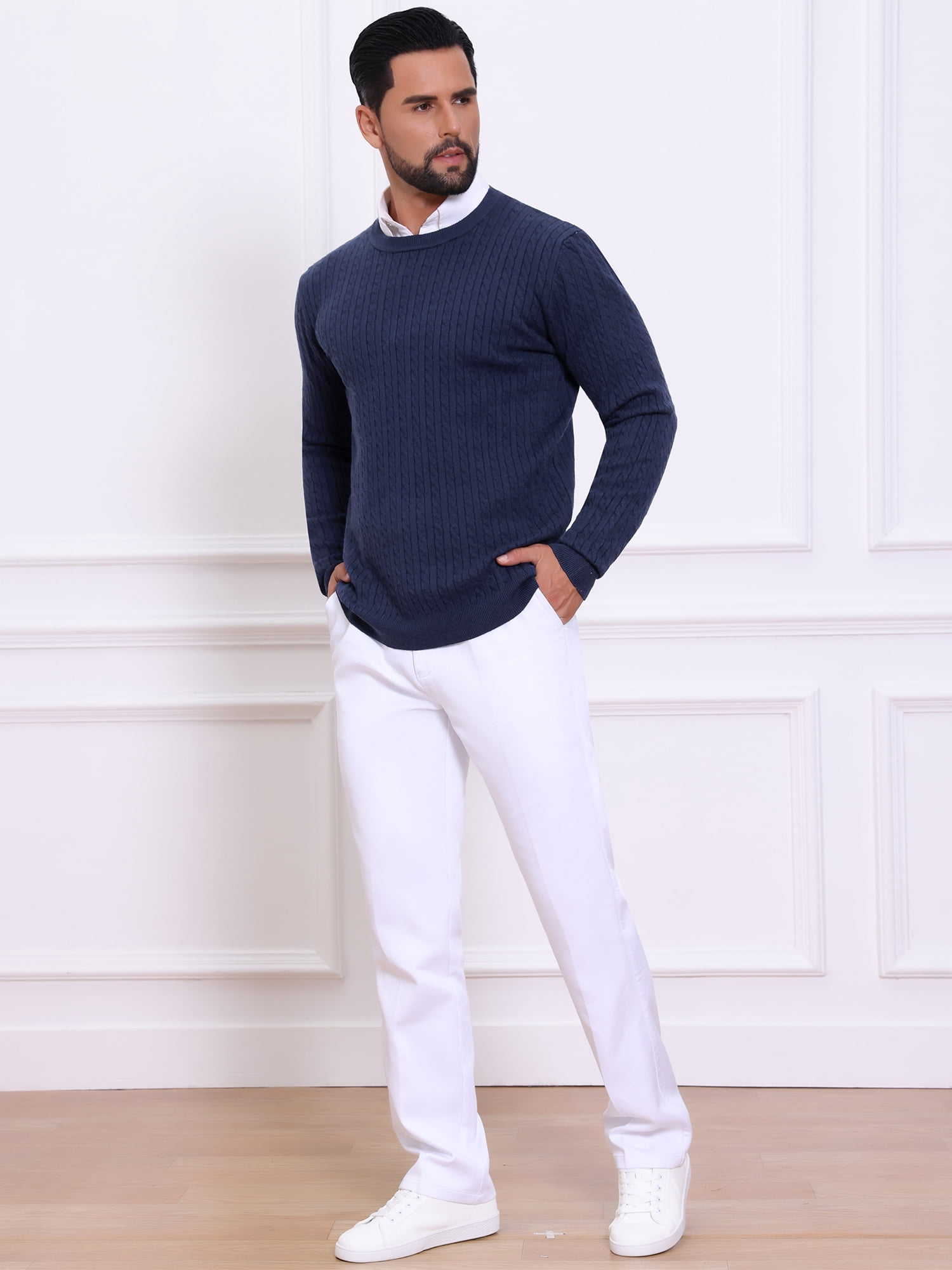 DARING DIVA Men's Crew Neck Long Sleeve Soft Cable Knit Pullover Sweater S Navy