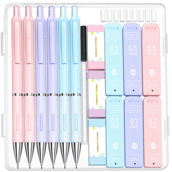 Four Candies 6-Pack Pastel Mechanical Pencil Set with Case