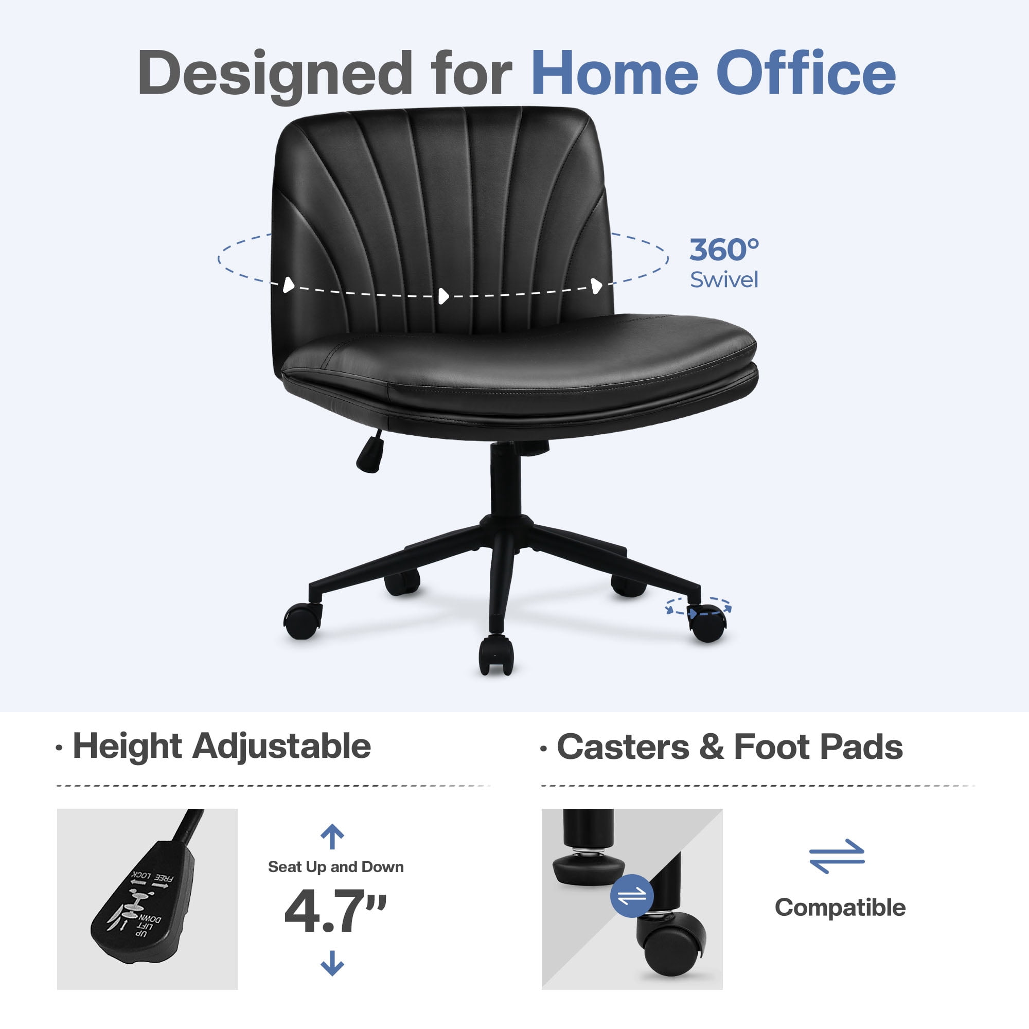 Celtoss Criss Cross Home Office Chair, Armless Swivel Task Computer Chair with Wheels, in PU Leather, Vanity Style, Black