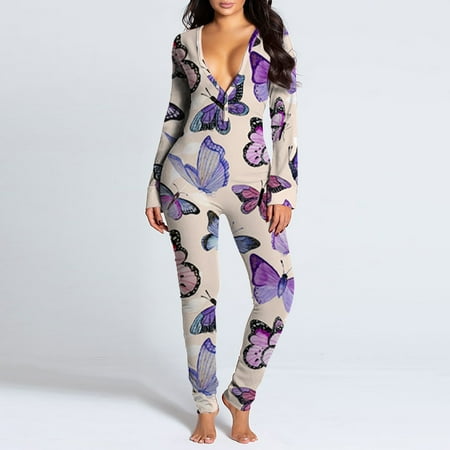 

PEONAVET Onesie Pajamas for Women Sexy V Neck Butt Button Flap Jumpsuit Butterfly Printed Jumpsuits Long Sleeve Button Onesies Pajama Club Rompers Sleepwear Gifts for Women