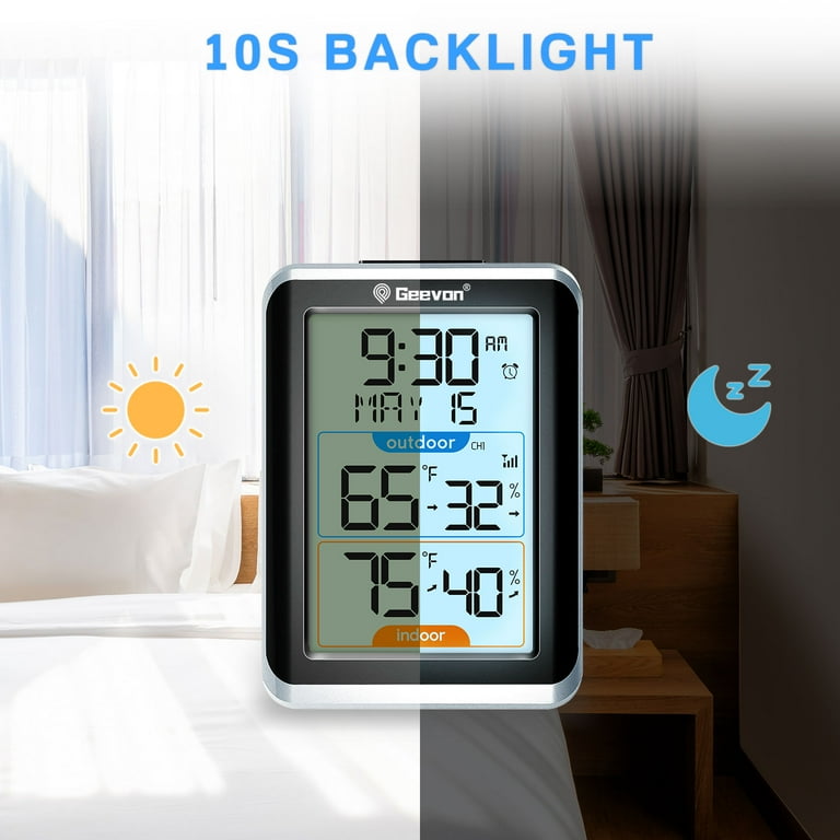 Geevon Draadloze thermometer voor binnen en buiten, met 3 afstandsbedieningssensoren, thermometer, hygrometer, digitaal, temperatuur- en luchtvochtigheidsmeter met een bereik van 60 m, zwart