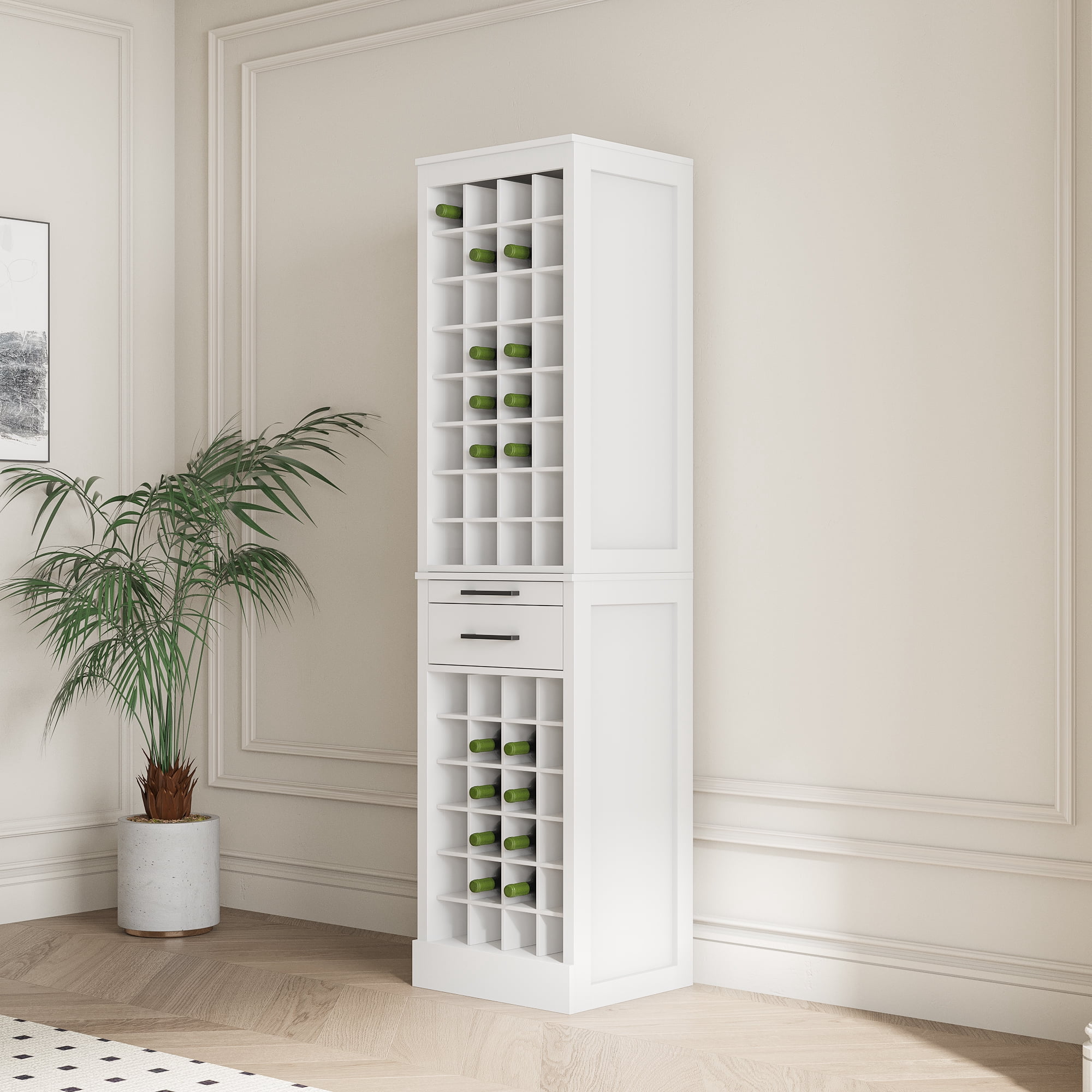 Wine Bar Cabinet with 32 Bottle Storage, Modular Buffet Cabinet or Wine Storage for Dining Room, Brown Walnut Finish, Simple Straight Line Design