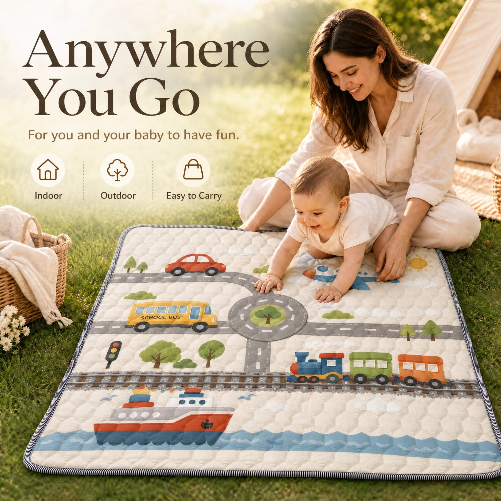 Easy4Home Large Baby Play Mat for Infants & Toddlers, 50"x50" Thick Cushioned Crawling Mat, Foldable Non-Slip Floor Playmat