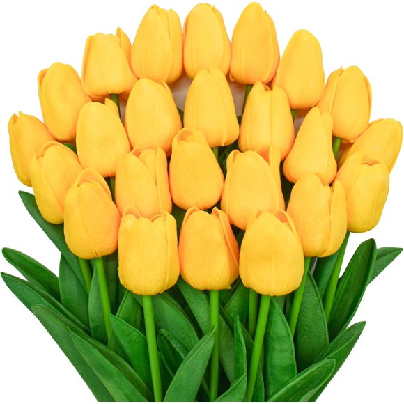 shiyou-24Pcs Yellow Tulips Artificial Flowers Silk Fake Flowers 13in Real Touch Tulips Flowers for Spring Mothers Day Easter Home Kitchen Wedding Table Decor (Yellow)