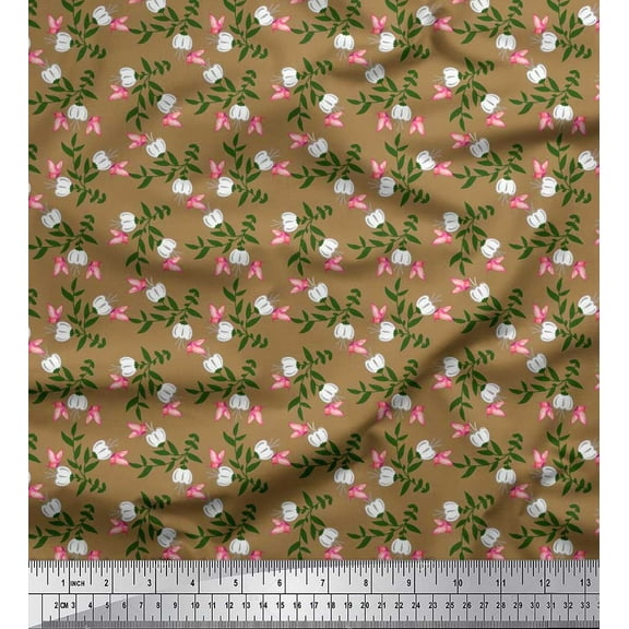 Soimoi Brown Cotton Duck Fabric Leaves,Insect & Floral Artistic Printed Fabric 1 Yard 42 Inch Wide