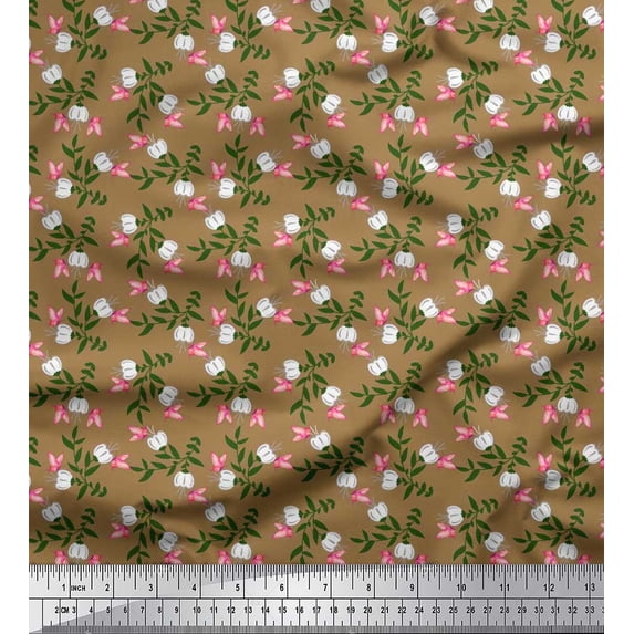 Soimoi Brown Cotton Duck Fabric Leaves,Insect & Floral Artistic Printed Fabric 1 Yard 42 Inch Wide