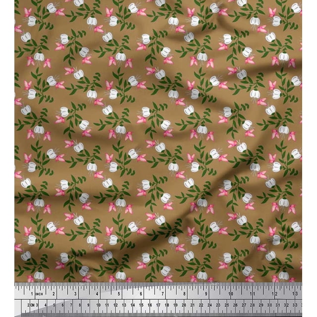 Soimoi Brown Polyester Crepe Fabric Leaves,Insect & Floral Artistic Print Sewing Fabric BTY 52 Inch Wide