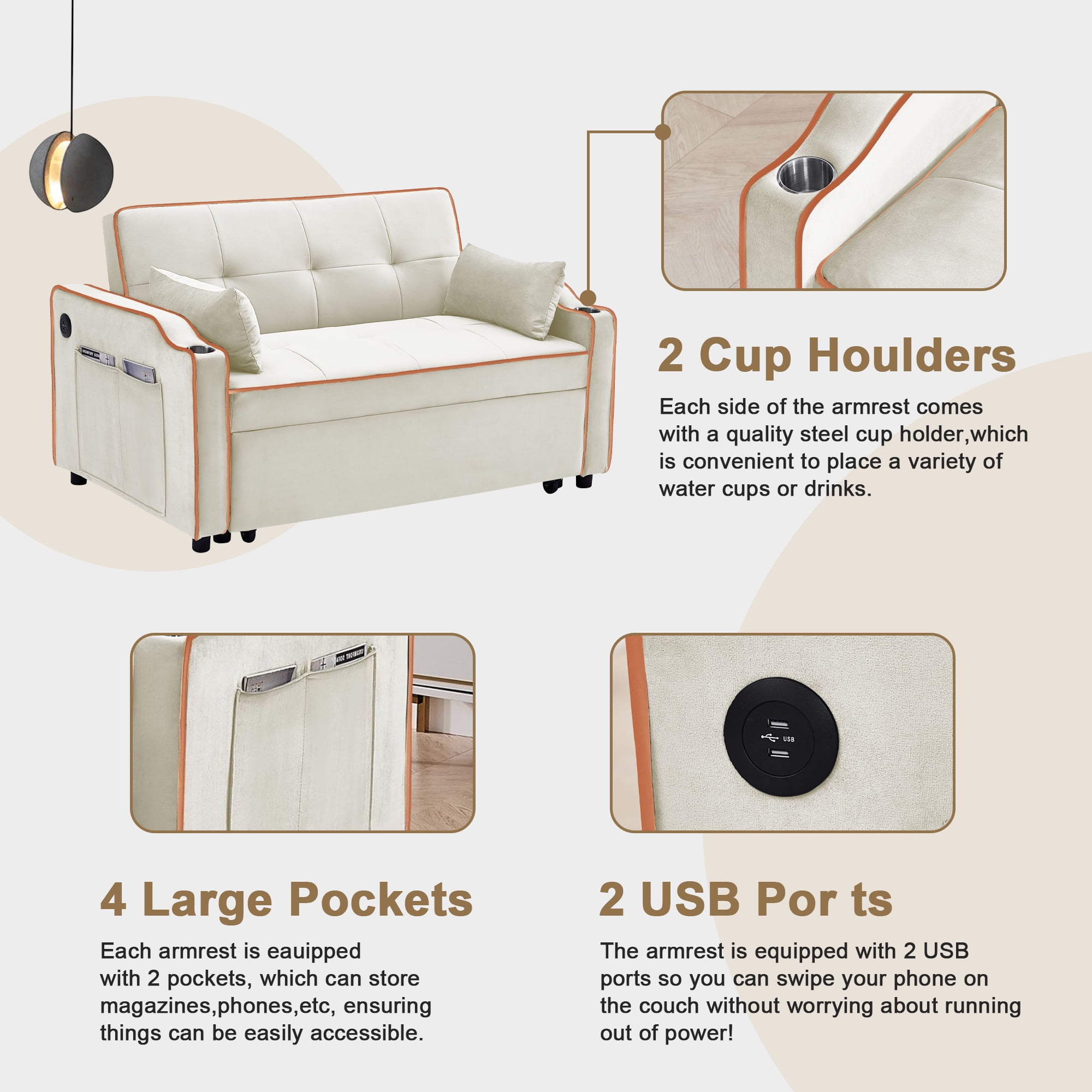 Momspeace Futon Sleeper Sofa Bed with Pull Out Bed, Convertible Sofa Couch Loveseat with Cup Holders and USB Port for Living Room - Cream White