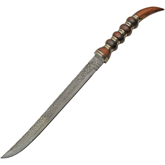 SZCO 23.5" Ringed Tail Short Sword Hand-Forged Damascus Steel Hunting Knife Wooden Handle and Leather Sheath