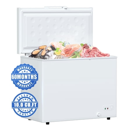 10 Cu. Ft. Chest Freezer with Removable Basket, Fast Freeze Middle Deep Freezer, Adjustable 7 Thermostat Free Standing Top Door Compact Freezer for Homes, Apartments, Garages and RVs