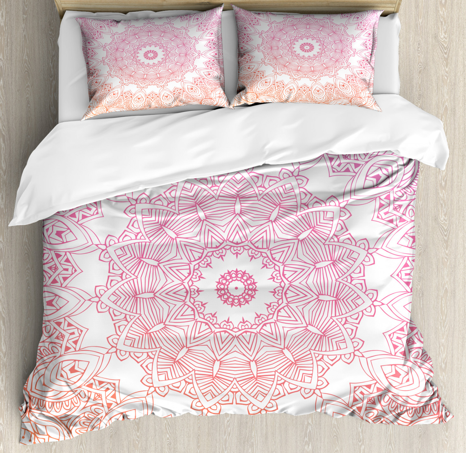 Mandala Duvet Cover Set, Outline Style Flower Mandala Design with Ombre