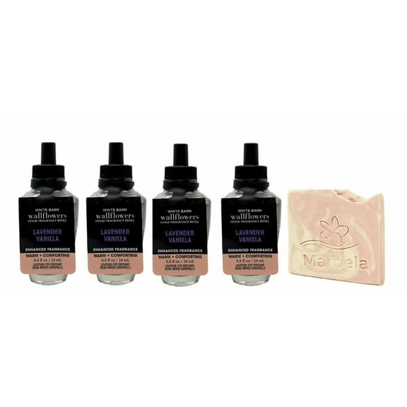 Bath & Body Works Lavender Vanilla Wallflowers Fragrance Refill 4 Pack with Himalayan Salts Springs Mini Bar Soap.