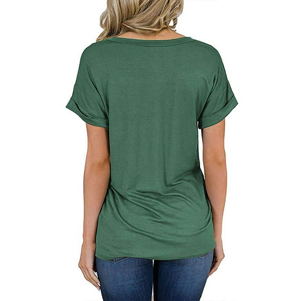 Womens Short Sleeves T Shirts Casual Loose V Neck Basic Tops Solid Pocket  Ladies Summer Tops Size 4-22