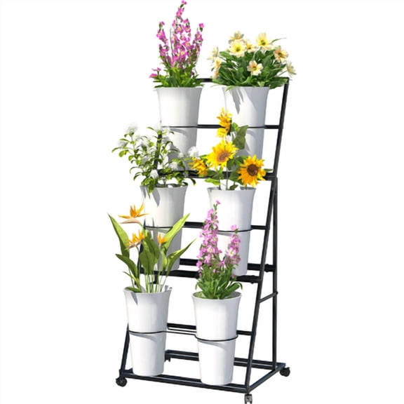 Flower Display Stand, Novinter 3 Layers Metal Plant Stand with 6 Pcs Plastic Buckets, Multi-Purpose Storage, for Florist Indoor Wedding Dector, Black