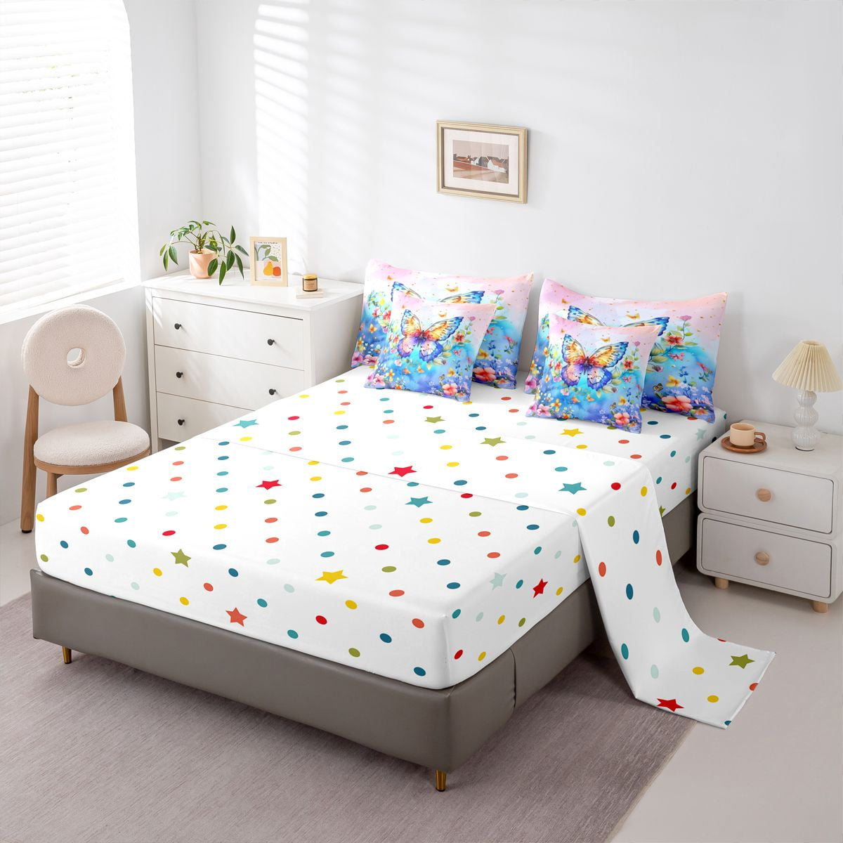 Homewish Cartoon Butterflies 7pcs Bedding Comforter Set,Rustic Plant Flowers Queen Bedding Sets,Blue Pink Queen Sheet Sets For Girl Teens,Breathable Home Decor Reversible