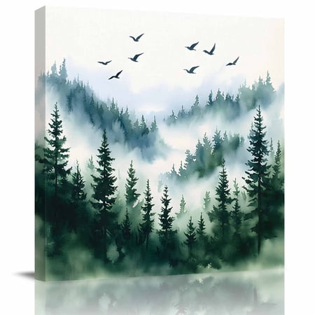 Wall Art Prints Ink Green Forest Framed Canvas Prints for Bedroom Living Room Bathroom Office Watercolor Modern Mountain Gallery Wrap Wall Art Poster for Gifts Home Decor 16 x16