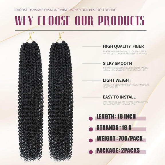 WEIF-2 Packs Passion Twist Hair Water Wave Braiding Hair for Butterfly Style Crochet Braids Bohemian Hair Extensions (18inch (Pack of 2), #1B)