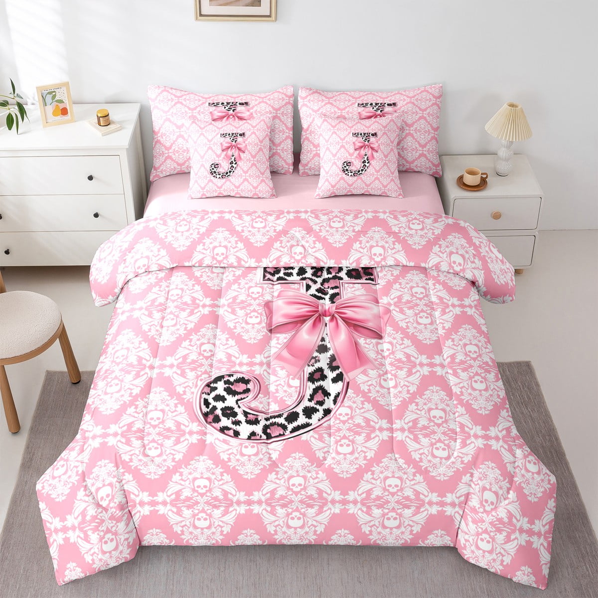 Homewish Initial J Letter Bedding Comforter Set 7 Pieces for Kids Bohemian Damask Flower Full Bedding Set Pink Princess Bowknot Reversible Fitted Sheet Flat Sheet Breathable Home Decor