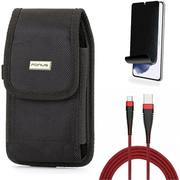 For Samsung Galaxy S21 (6.2") - Holster Rugged Case Belt Clip   Charger Cord Type-C 10ft USB Cable   [Fingerprint Works] TPU Film Privacy Screen Protector