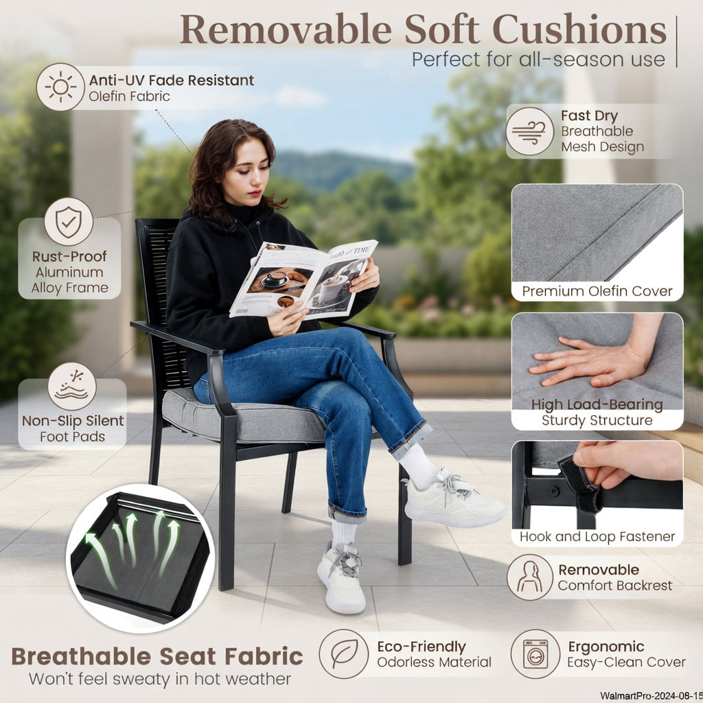 Hommoo 2-Pack Stackable Outdoor Wicker Armchairs with Removable Gray Cushions, PE Rattan Patio Chairs for Backyard, Balcony & Poolside, Gray