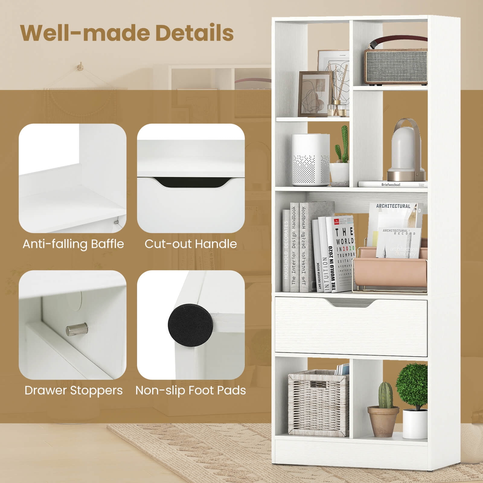 Costway 2 PCS 51” Tall Bookcase with Drawer 7 Open Cubes Anti-toppling Kits for Study Home White