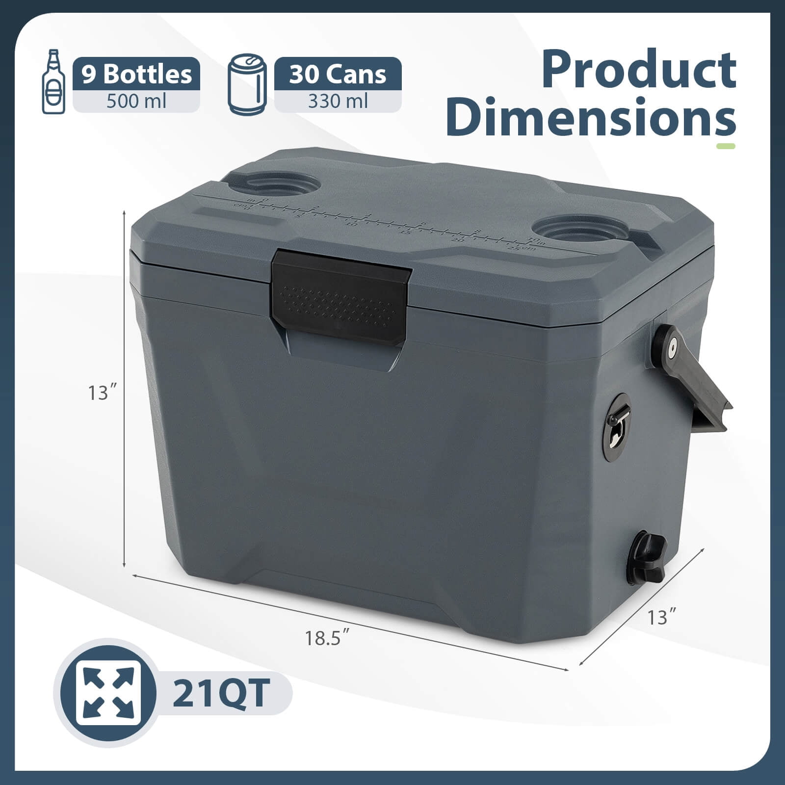Costway 21 QT Insulated Portable Cooler, Hard Shell Ice Chest with 2 Cup Holders Gray