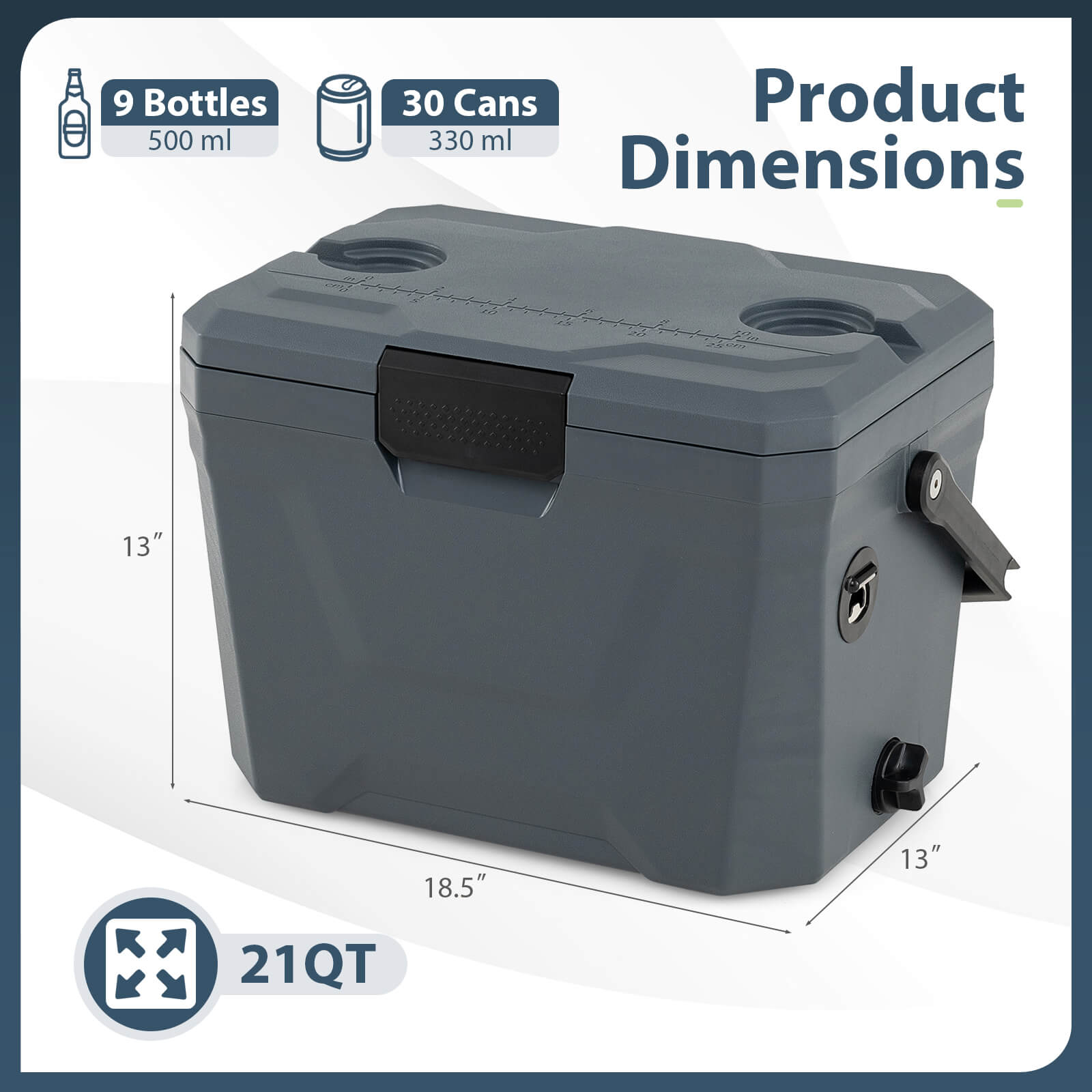 Costway 21 QT Hielera Portátil Aislada, Carcasa Rígida con 2 Portavasos, Gris 3
