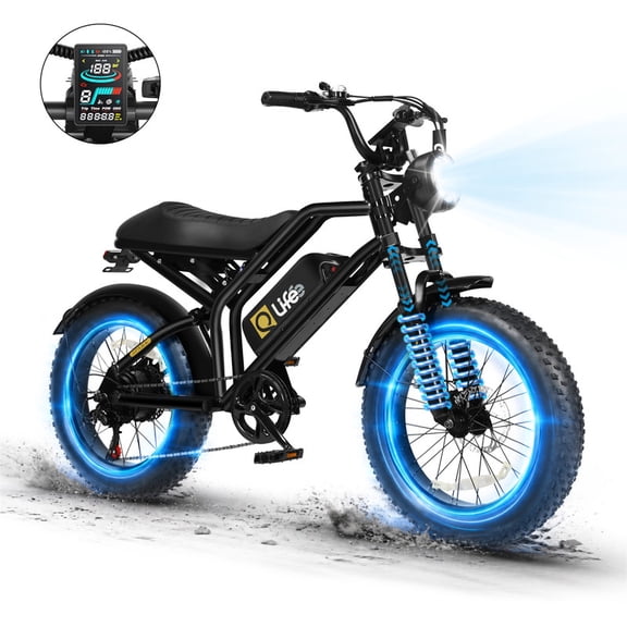 Electric Bike for Adults, 1500W Peak 28 MPH 20" Fat Tires Electric Bicycle with Dual Suspension & Brakes Motorcycle, E-Bike Black