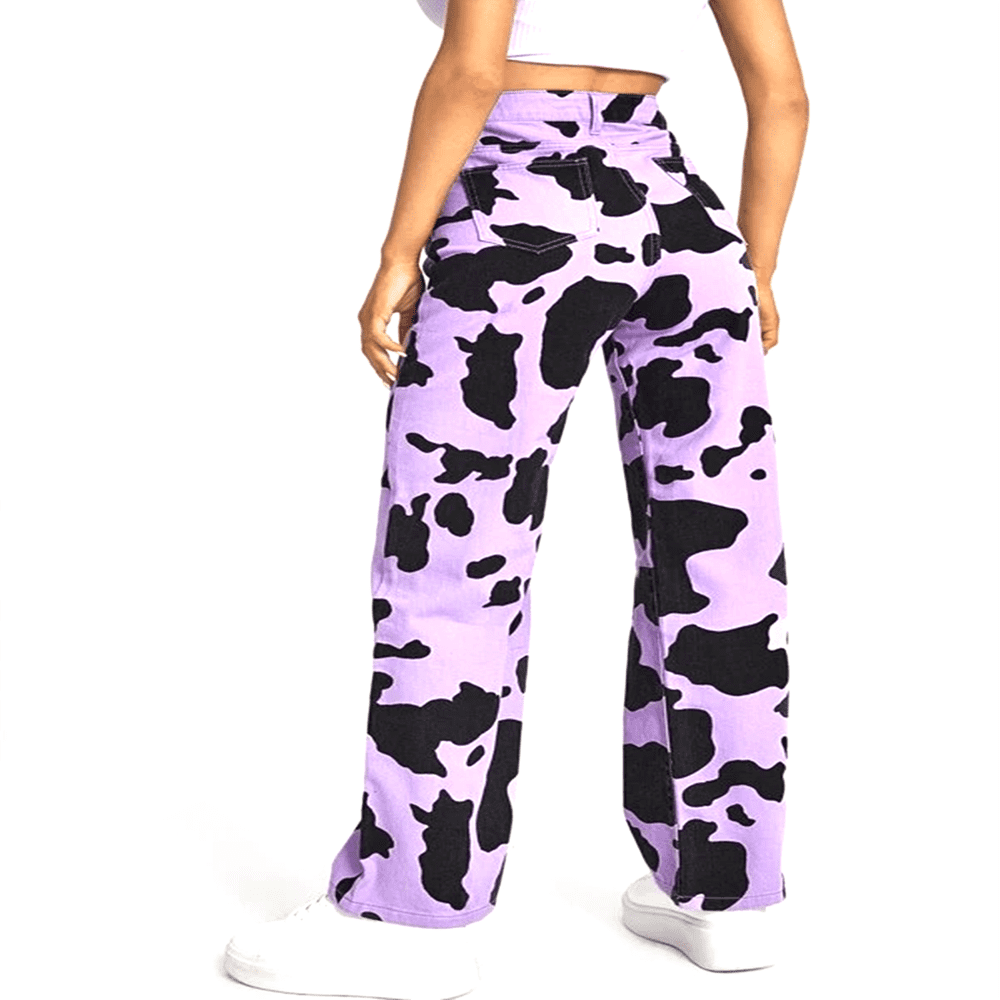 Pantalon en Denim Imprimé Vache pour Femmes Taille Haute Jambe