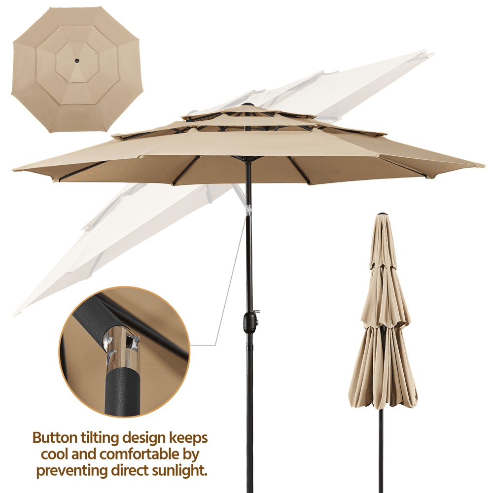 Renwick 10ft Outdoor 3 Tier Vented Umbrella with 8 Sturdy Ribs, Tan
