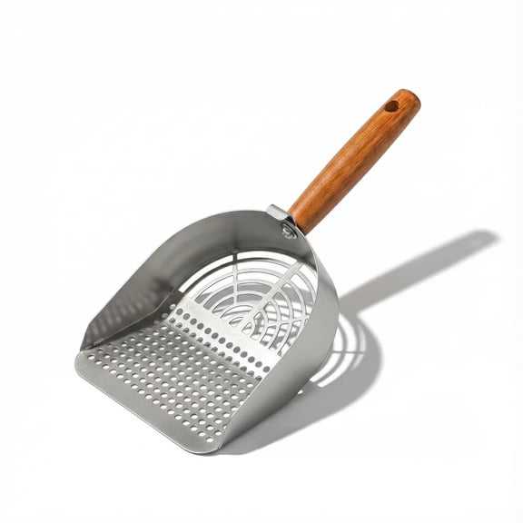 CrazyMall Non-Slip Stainless Steel Cat Litter Scoop with Solid Wood Handle, Silver Long Strip