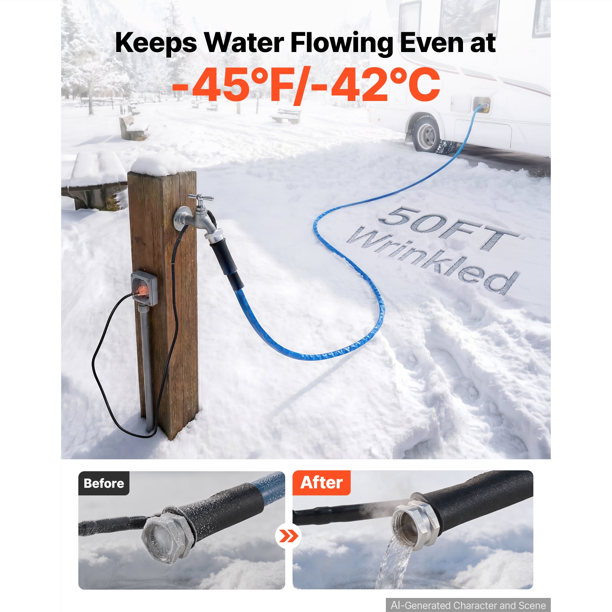 KFFKFF 50FT Heated Water Hose for RV, Antifreeze to -45°F, 5/8" ID, Corrugated Design, Thermostat-Controlled, Freeze-Resistant, Leak-Resistant, Safe for Drinking, Quick Heating for RV Camping