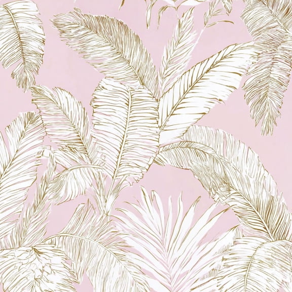 Peel and Stick Wallpaper Tropical Palm Leaves Gold White Soft Pink Wall Mural 23.6in x 9.8ft Self Adhesive Removable Wall Paper Renter Friendly Wallpaper for Bedroom Contact Paper