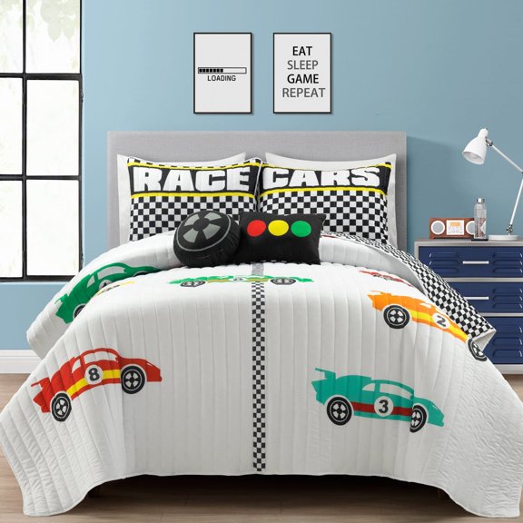 Lush D?cor Racing Cars Reversible Oversized Quilt White 5Pc Set Full/Queen