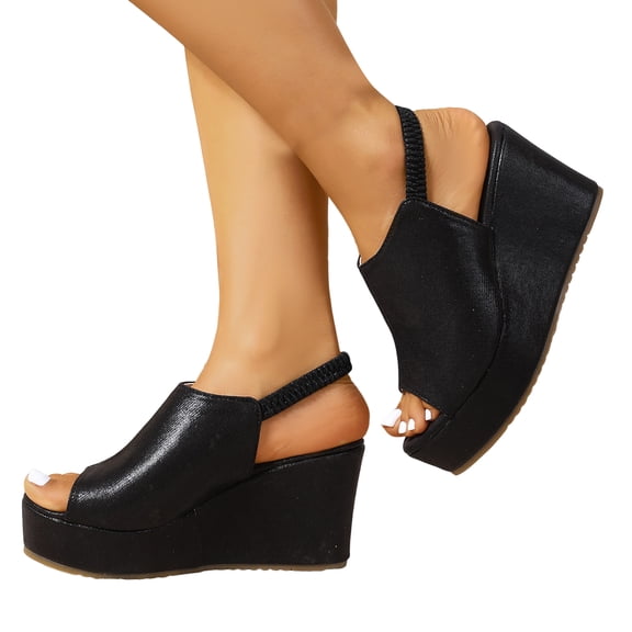 Rokment Women's Platform Wedge Gladiator Dressy Sandals Fashion Casual Metallic Leather Peep Toe Chunky High Heels Elastic Slingback Summer Shoes for Ladies Black Size 6
