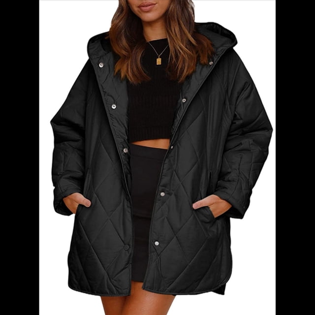 Chaqueta Larga con Capucha y Acolchado de Rombos para Mujer, Abrigo de Invierno de Moda, Holgado y de Gran Tamaño, Chaquetas Cálidas de Larga. Negro XXL