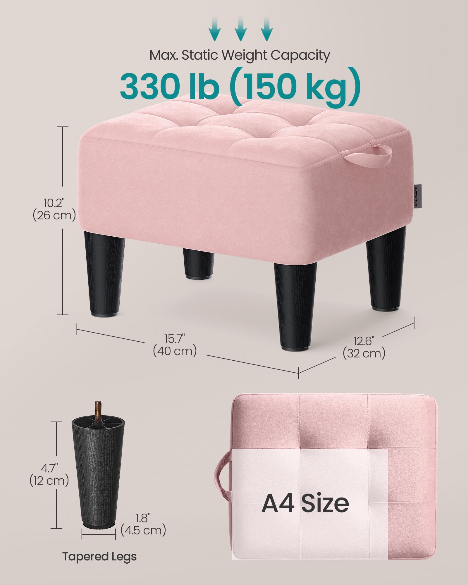 Small Velvet Ottoman Foot Stool with Angled Legs, Thick Foam Cushion, Hidden Storage & Carry Handle, for Living Room, Bedroom – Jelly Pink
