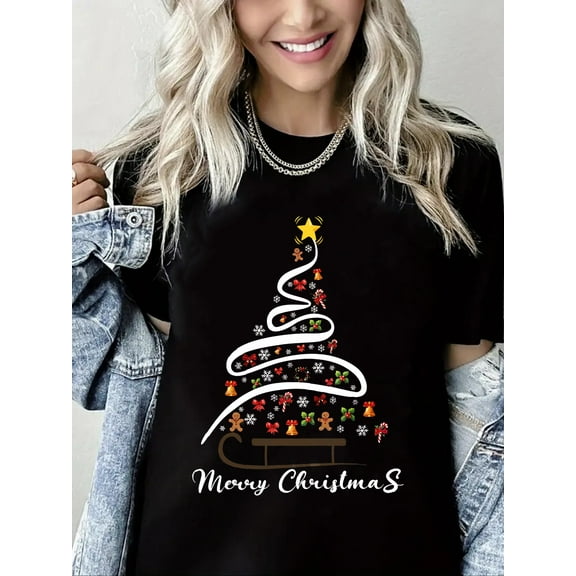 Merry Christmas Shirt Short Sleeve Shirts for Women Black One-Piece